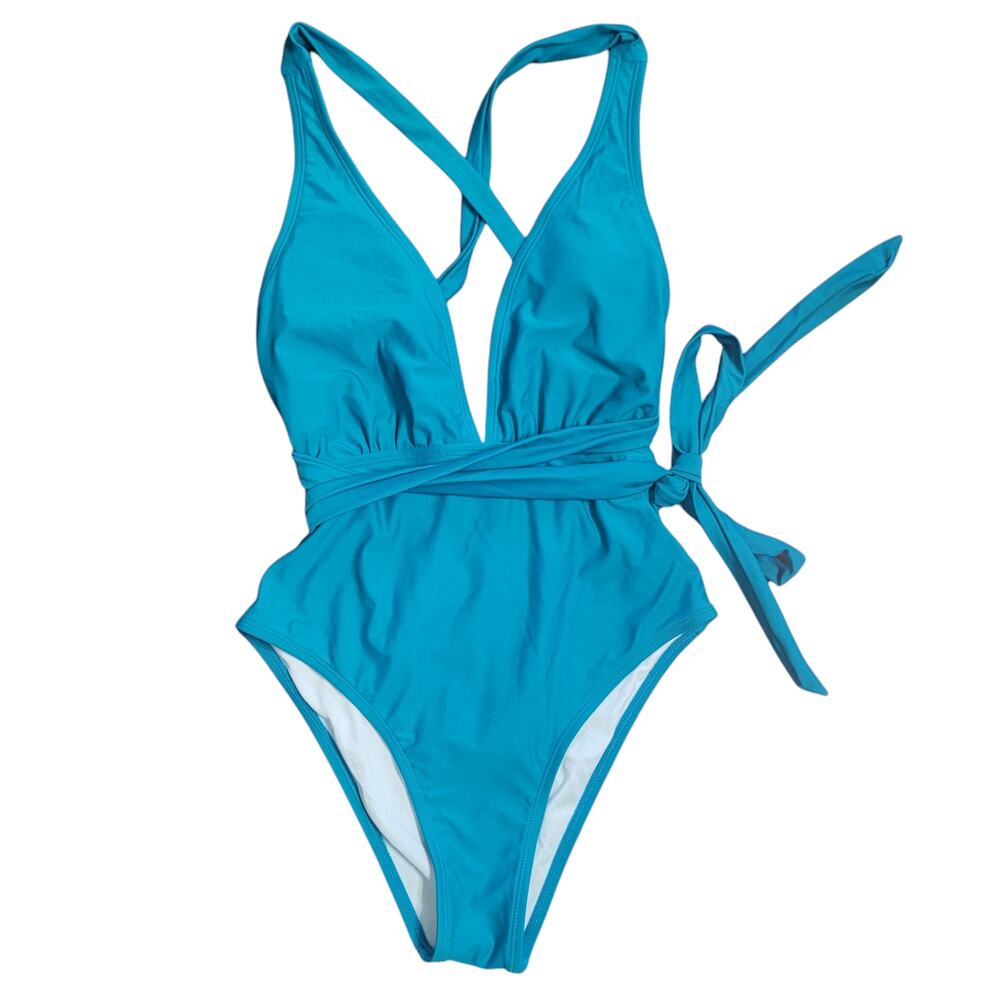 NWT Cupshe Teal Swimsuit One Piece Plunge Backless Self Tie Racerback Small